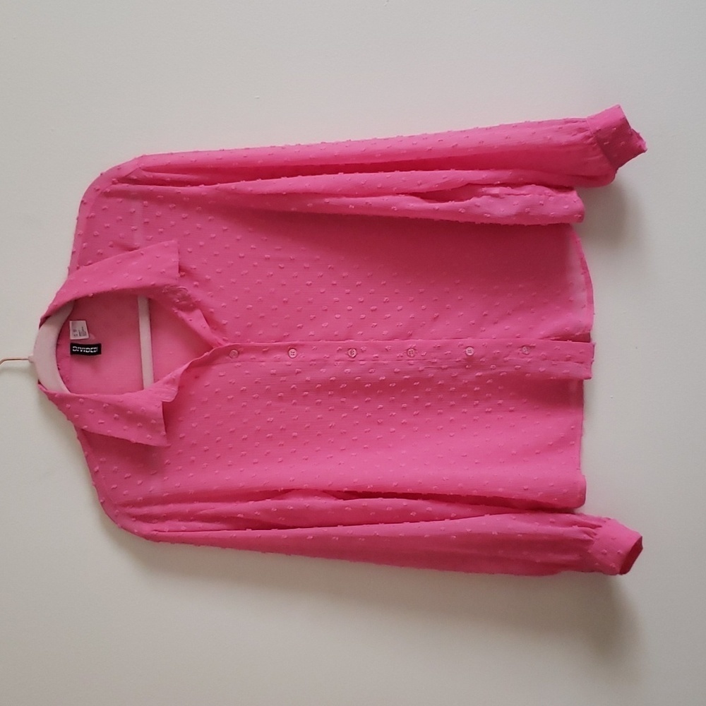 H&M Barbie pink swiss dot long sleeve semi sheer button down blouse. Wom…